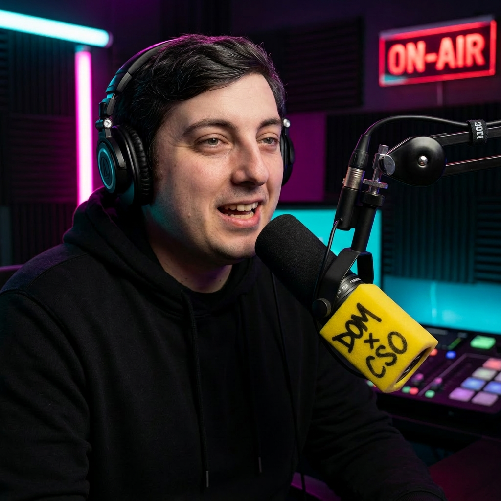 DOM × CSO yellow mic flag wrapped on a broadcast microphone in a neon-lit podcast studio